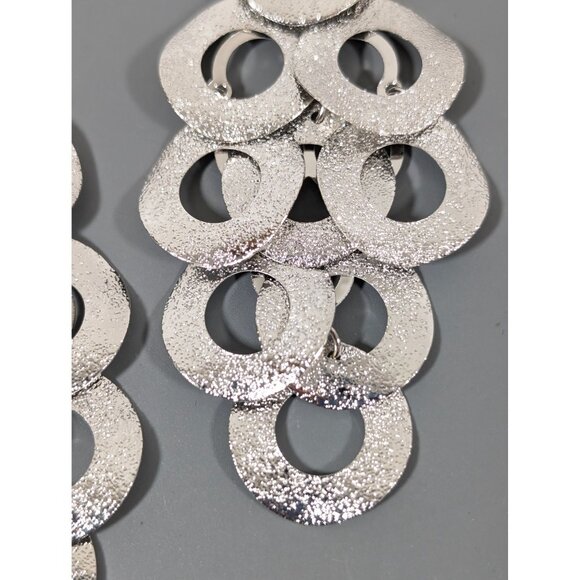 Silver Tone Textured Round Disc Chandelier Charm Statement Earrings MOD Long - Picture 4 of 9